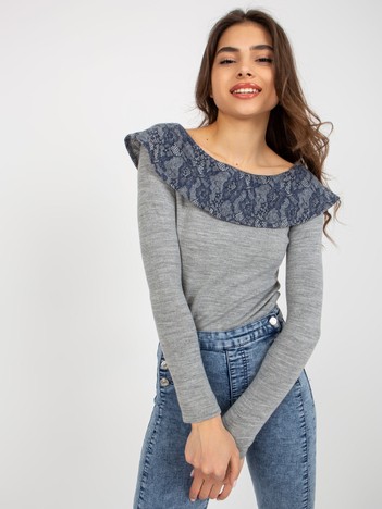 Grey-navy blouse with lace and wide collar