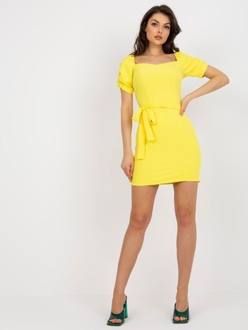 Yellow Fitted Short Sleeve Cocktail Dress 