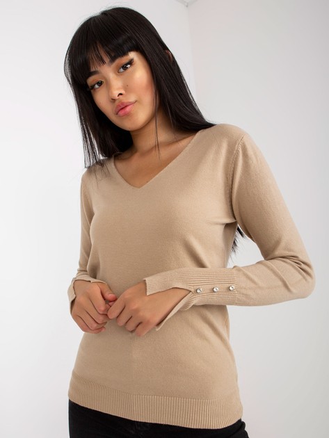 Beige soft classic sweater with V-neck 