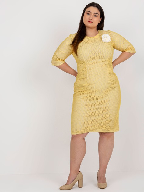 Dark Yellow Elegant Plus Size Dress With 3/4 Sleeve