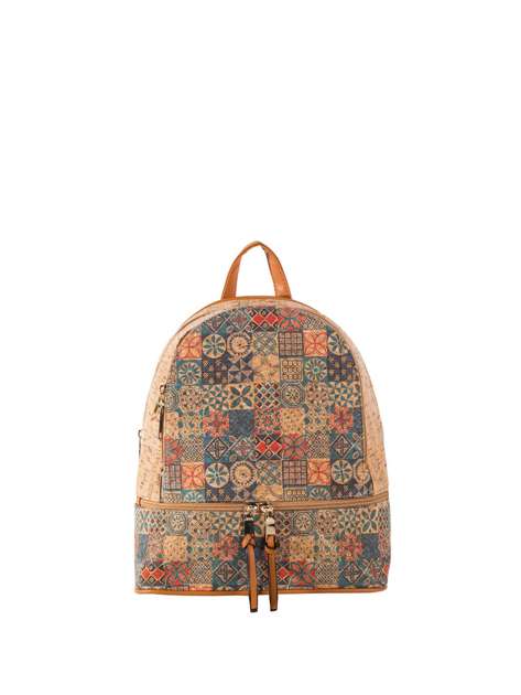 Light Brown Patterned Backpack with Zippers 
